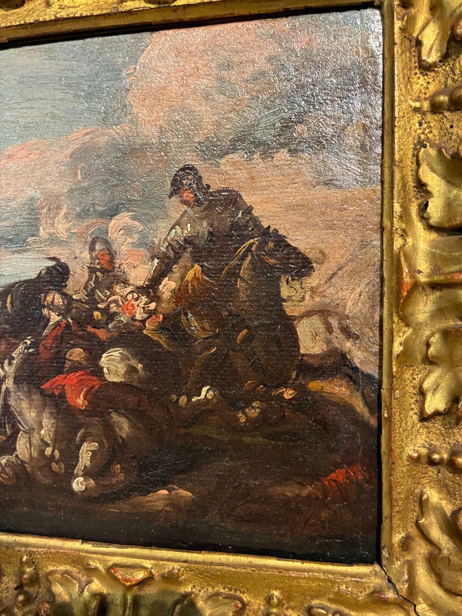 dipinto olio su tela raffigurante battaglia attribuito a Carlo Coppola 1620-1686-photo-3