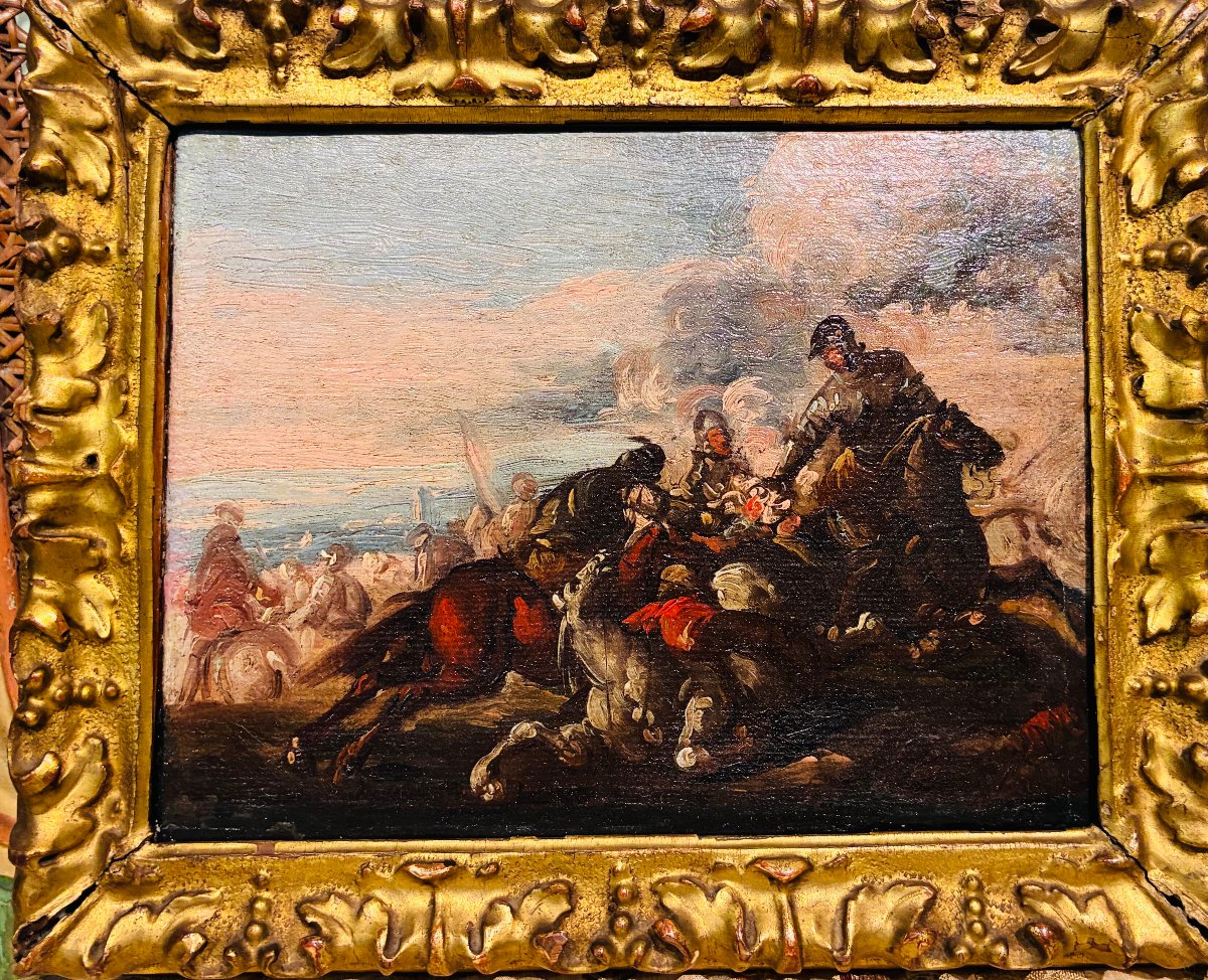 dipinto olio su tela raffigurante battaglia attribuito a Carlo Coppola 1620-1686