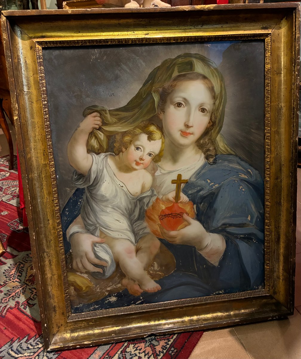 dipinto su vetro raffigurante madonna con Bambino fine 700'