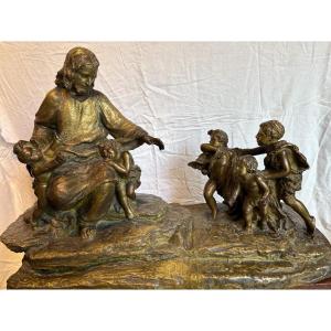 bronzo raffigurante scena mitologica con base in marmo