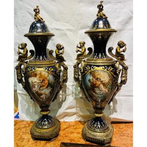 coppia di vasi di Sevres in porcellana e bronzo fine800'