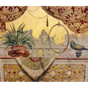 dipinto raffigurante scene carnevalesche primi 900 fondo oro