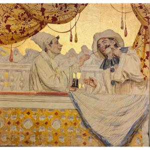 dipinto raffigurante scene carnevalesche fondo oro primi 900