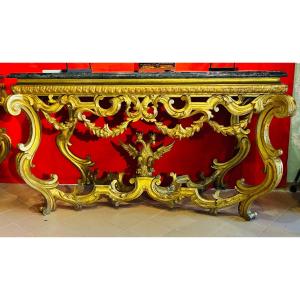 coppia di consolle in legno dorato di provenienza emiliana con piano marmo primi 700'