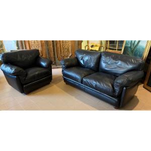 divano e poltrona FRAU stampigliati in pelle nera anni 80,