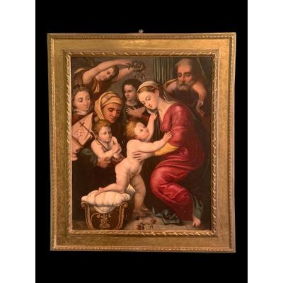 Peinture Représentant La Sainte Famille Avec Saints Et Anges - Bartolomeo Ramenghi