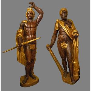 Paire De Statues En Bois Et Doré, De La Fin Du XVIIe Siècle, Représentant Apollon Et Ulysse