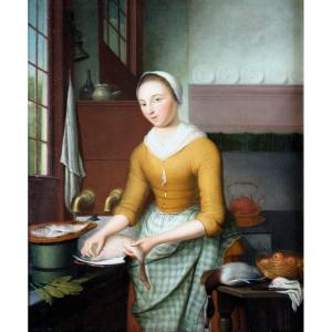 Nicolaas Rijnenburg ( Leiden 1716 - Delft 1802 ) "cuoca in interno di cucina".
