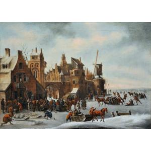 Thomas Heeremans (1641-1694) Paesaggio ghiacciato con pattinatori fuori dalle mura di una città