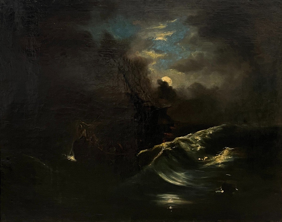 Scuola Francese XIX Secolo, Mare in tempesta al chiaro di luna-photo-2