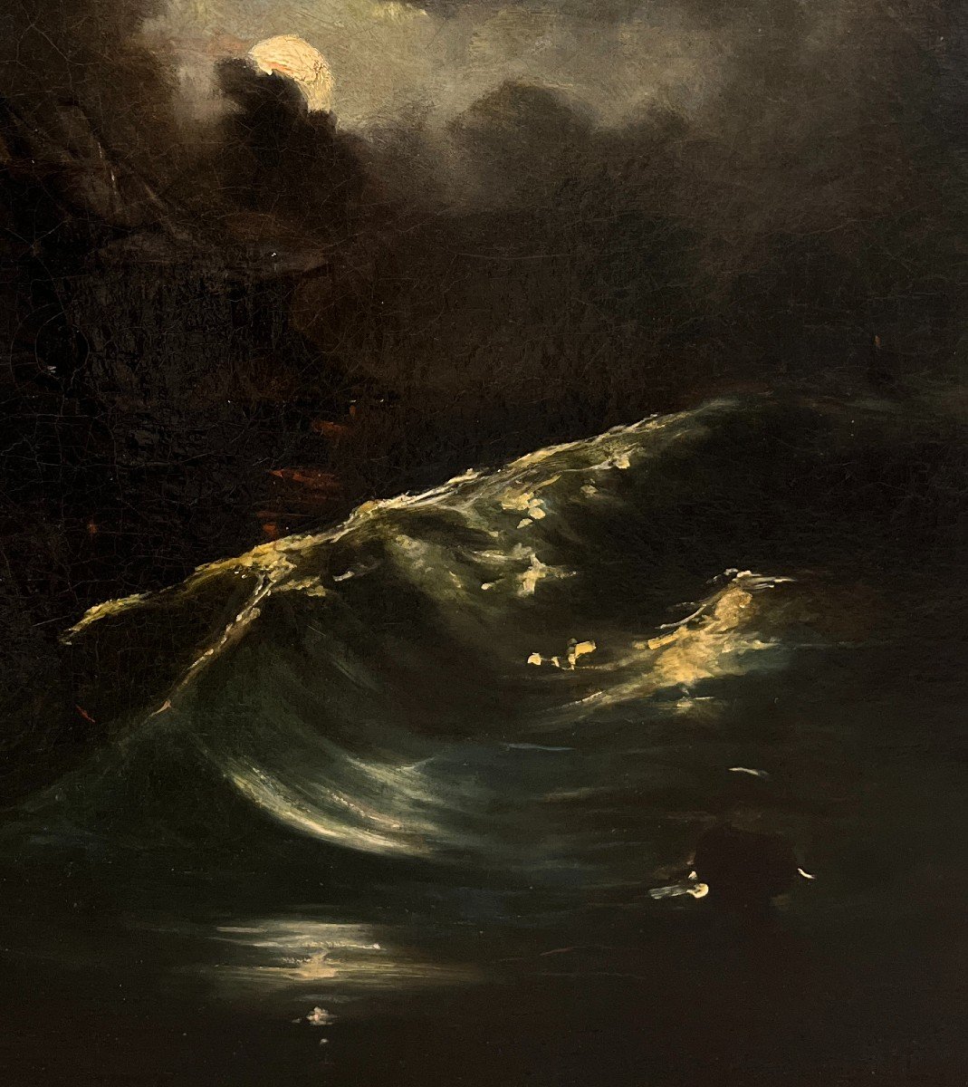 Scuola Francese XIX Secolo, Mare in tempesta al chiaro di luna-photo-1