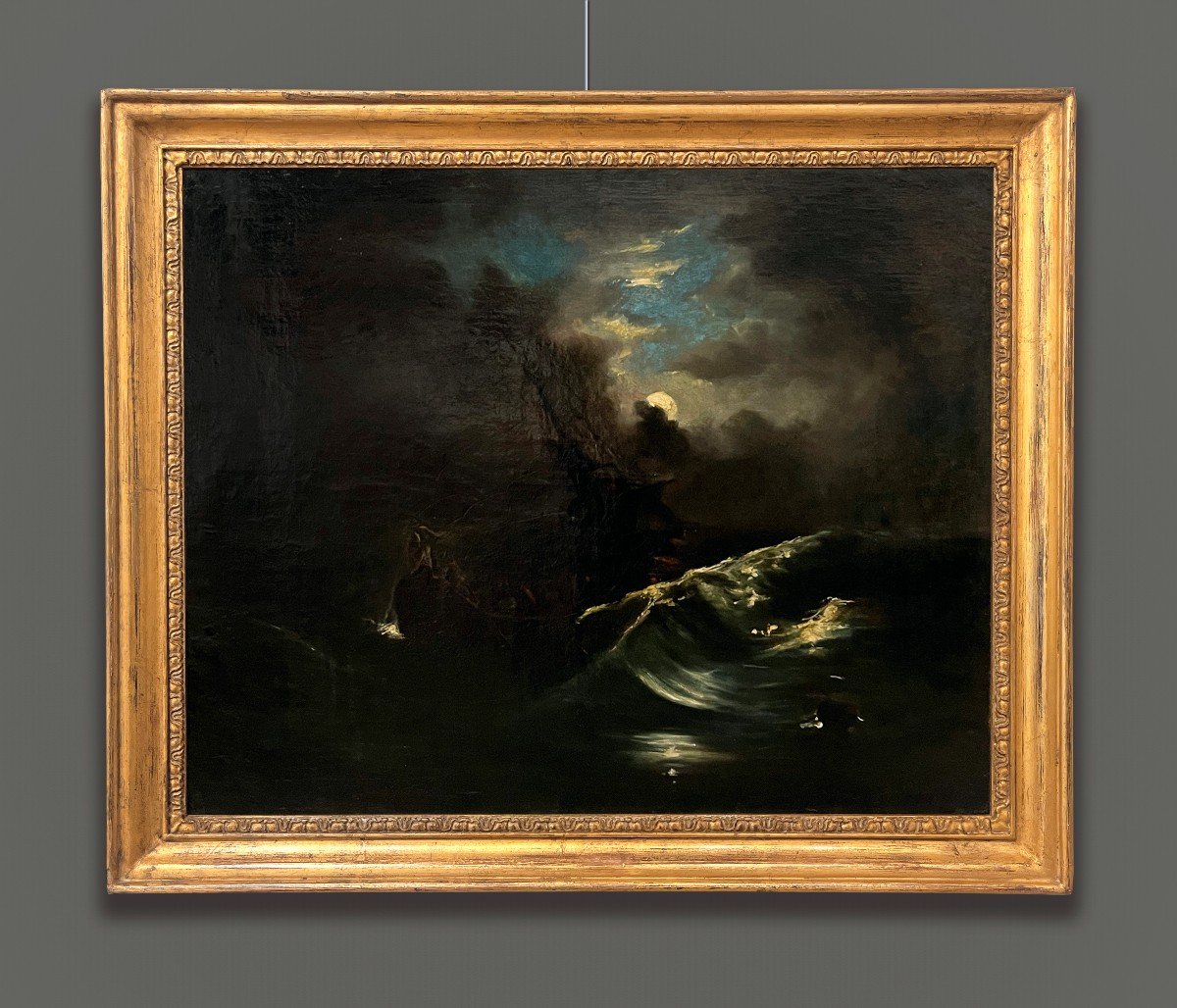 Scuola Francese XIX Secolo, Mare in tempesta al chiaro di luna