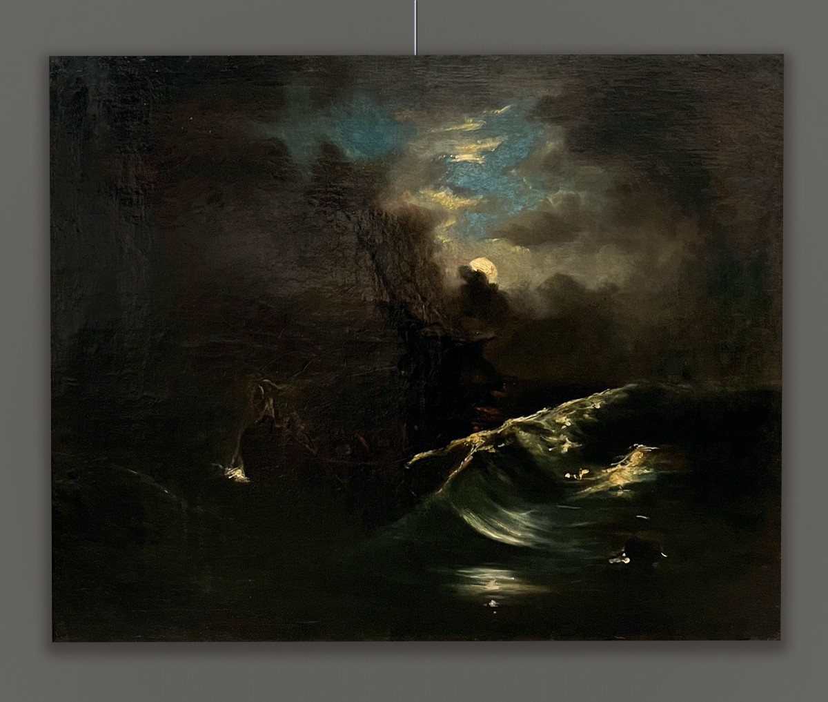 Scuola Francese XIX Secolo, Mare in tempesta al chiaro di luna