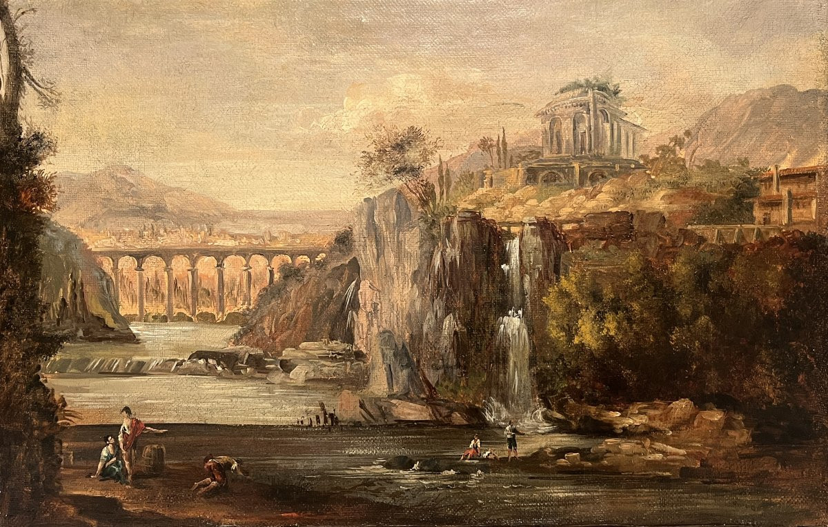 Scuola romana del XVIII secolo, Paesaggio con cascata, architetture e figure-photo-2