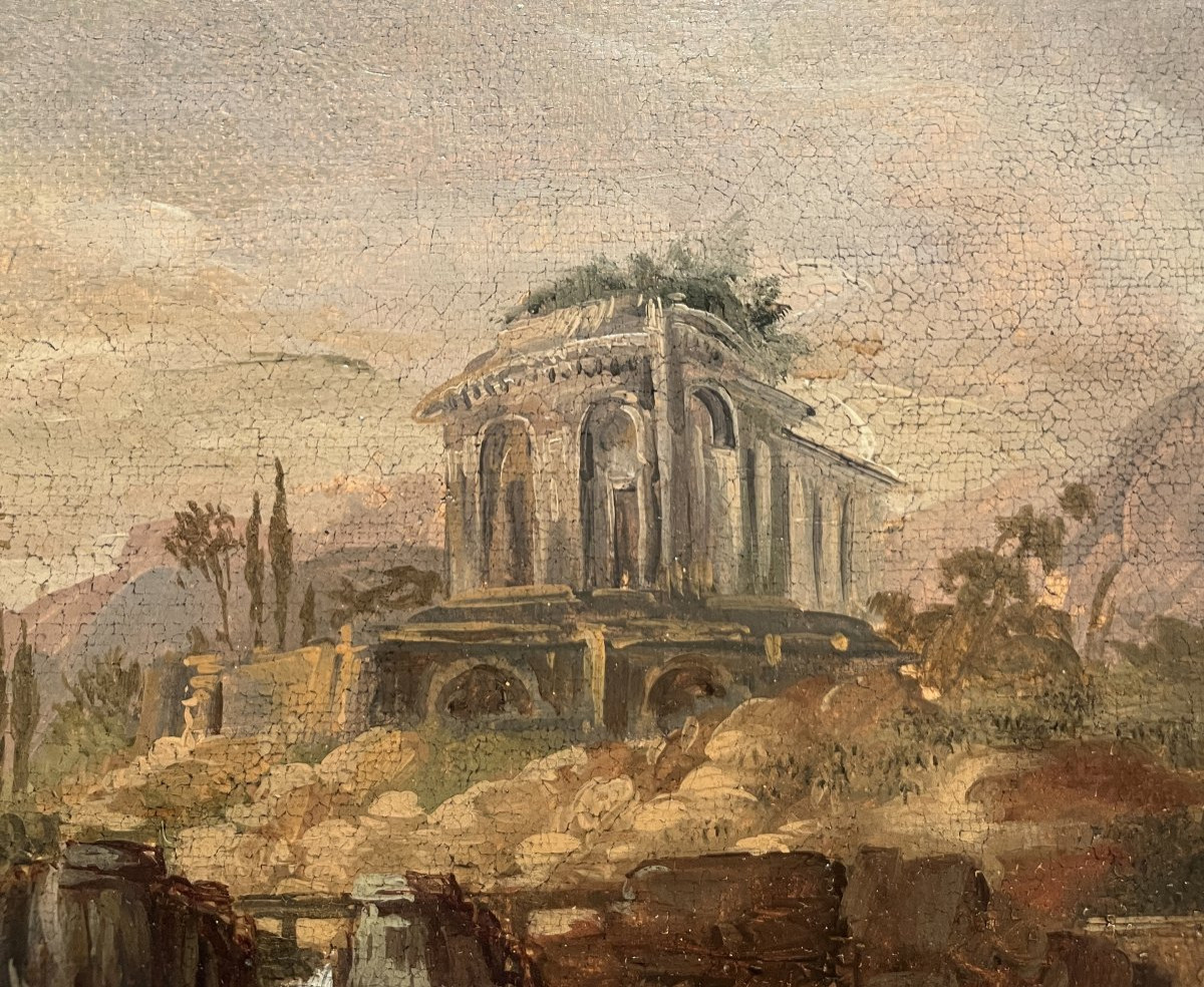 Scuola romana del XVIII secolo, Paesaggio con cascata, architetture e figure-photo-3