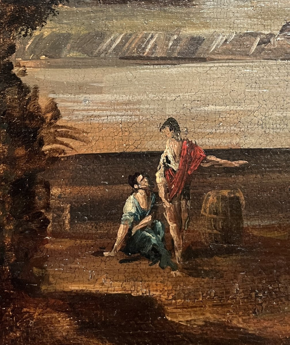 Scuola romana del XVIII secolo, Paesaggio con cascata, architetture e figure-photo-1