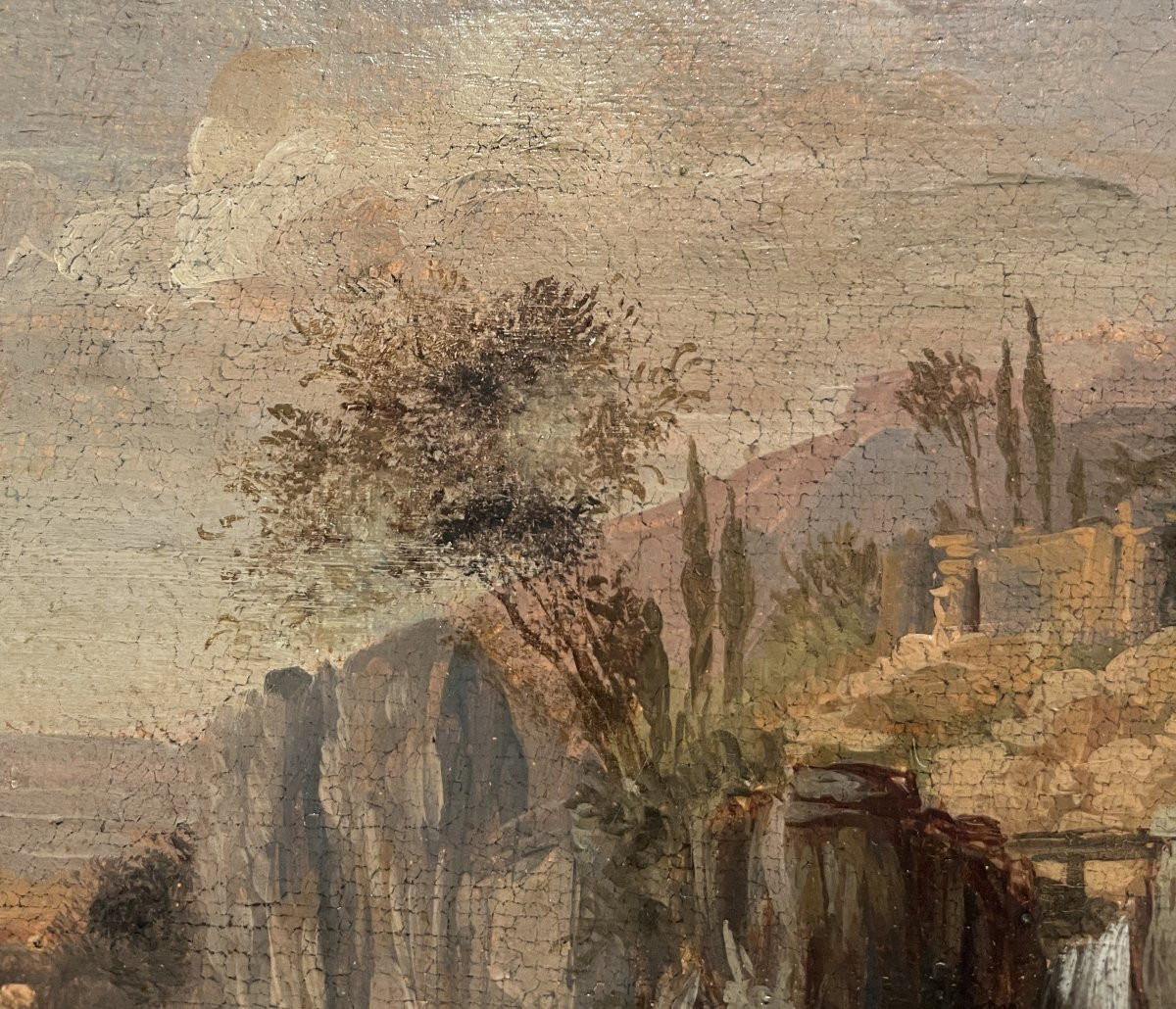 Scuola romana del XVIII secolo, Paesaggio con cascata, architetture e figure-photo-4