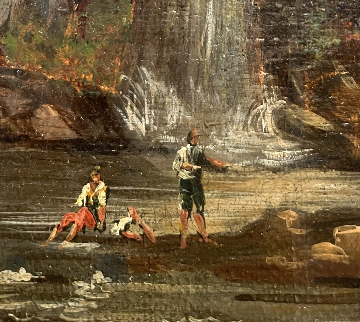Scuola romana del XVIII secolo, Paesaggio con cascata, architetture e figure-photo-5