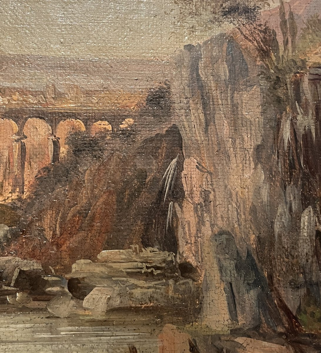 Scuola romana del XVIII secolo, Paesaggio con cascata, architetture e figure-photo-7