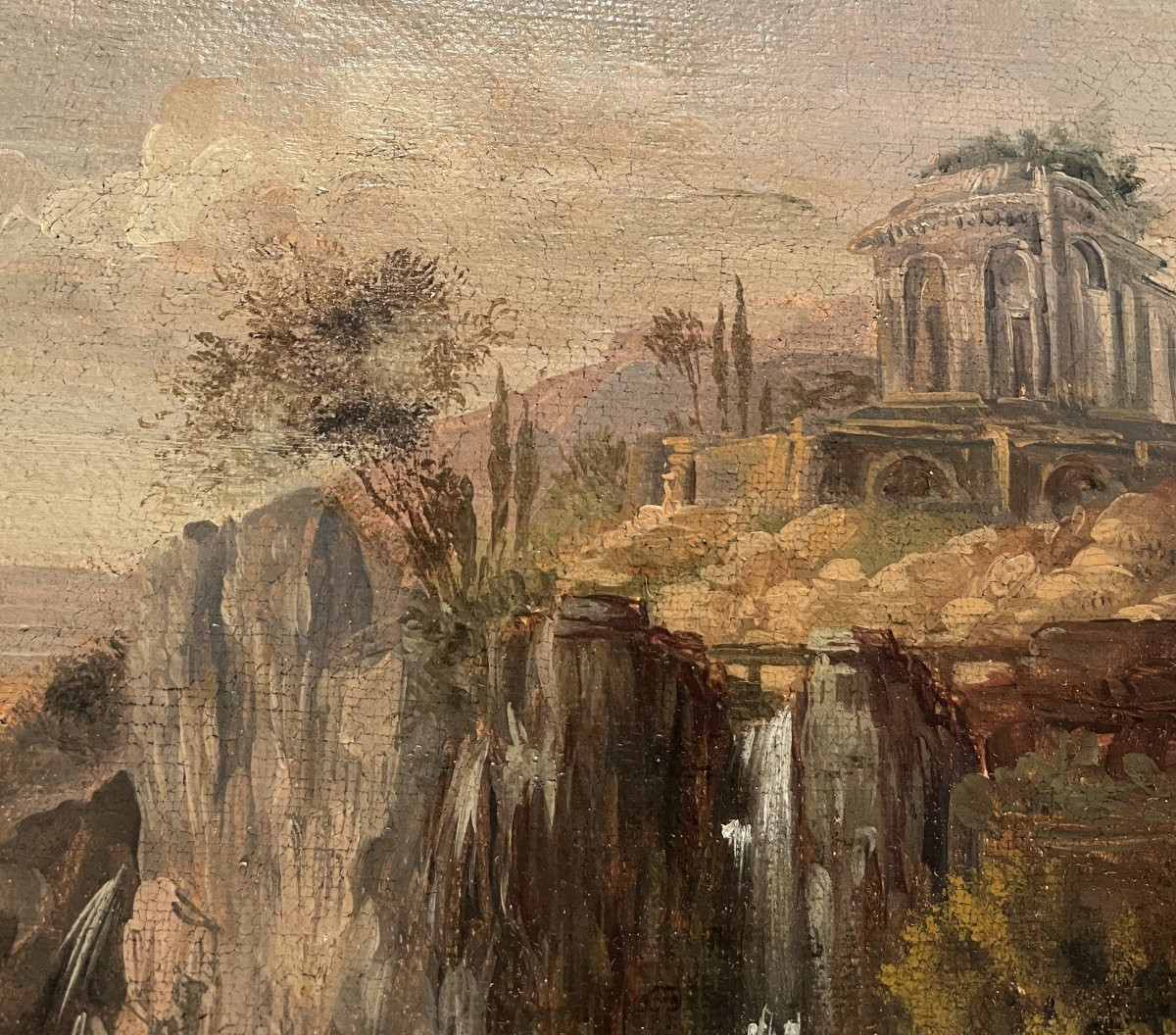 Scuola romana del XVIII secolo, Paesaggio con cascata, architetture e figure-photo-8
