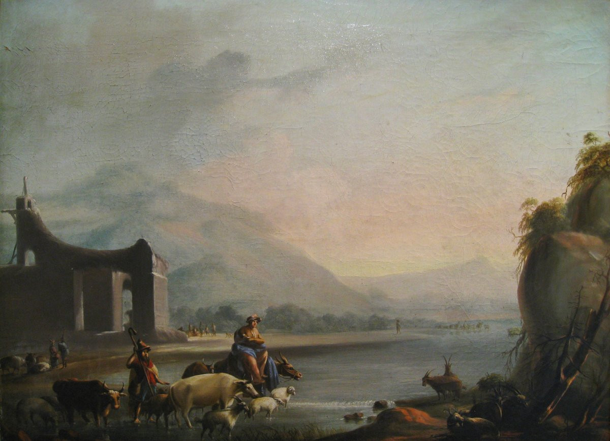 Scuola Nordica inizio XIX secolo, Paesaggio con pastori e armenti-photo-2