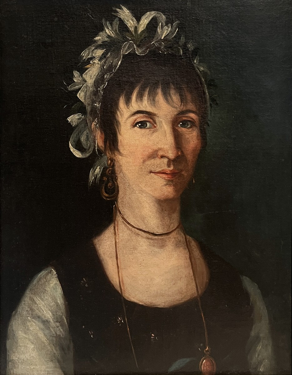 Scuola francese, fine XVIII, inizio XIX secolo, ritratto di Dama con nastri bianchi-photo-2