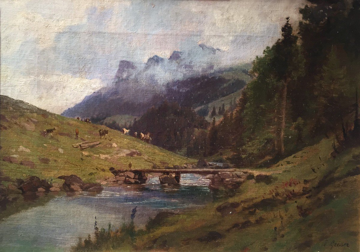 Johann Joseph Geisser (1824-1894) Paesaggio Svizzero-photo-2