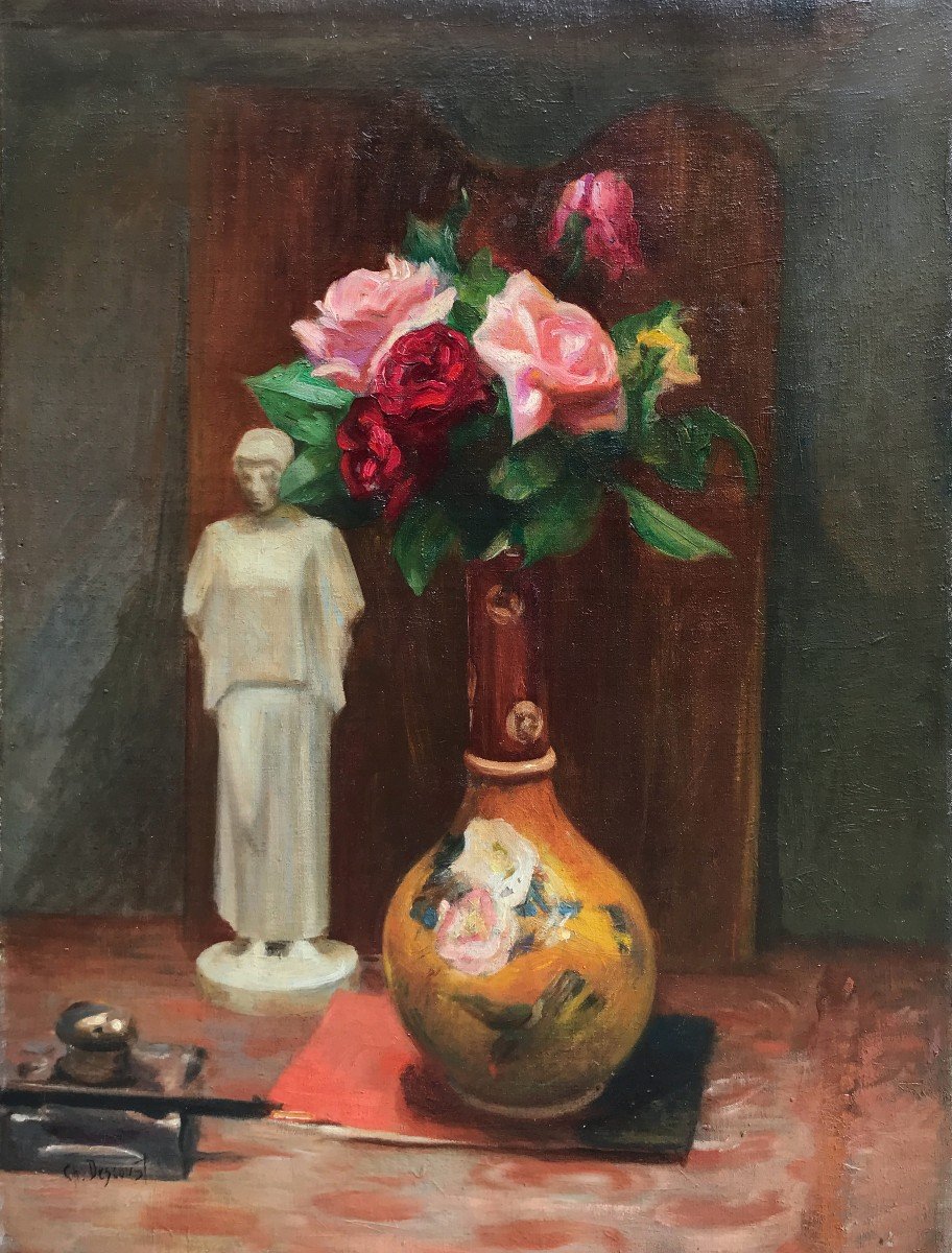 Charles Eugène Descoust (1882-1974) Composizione Con Vaso Di Fiori e Statuetta-photo-5