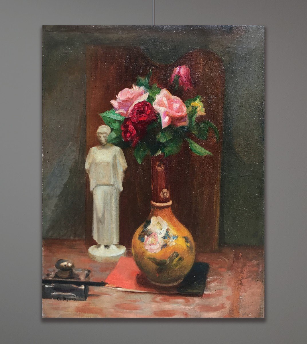 Charles Eugène Descoust (1882-1974) Composizione Con Vaso Di Fiori e Statuetta