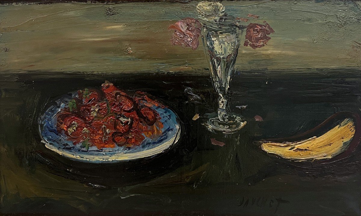 Gabriel Dauchot (Gargan-Livry, Parigi, 1927-2005) Natura morta, fragole, banana e vaso di fiori-photo-3
