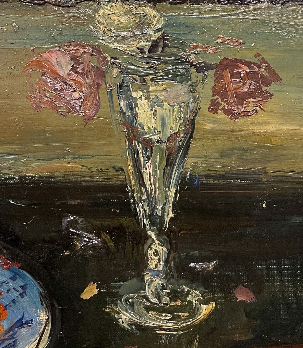 Gabriel Dauchot (Gargan-Livry, Parigi, 1927-2005) Natura morta, fragole, banana e vaso di fiori-photo-4