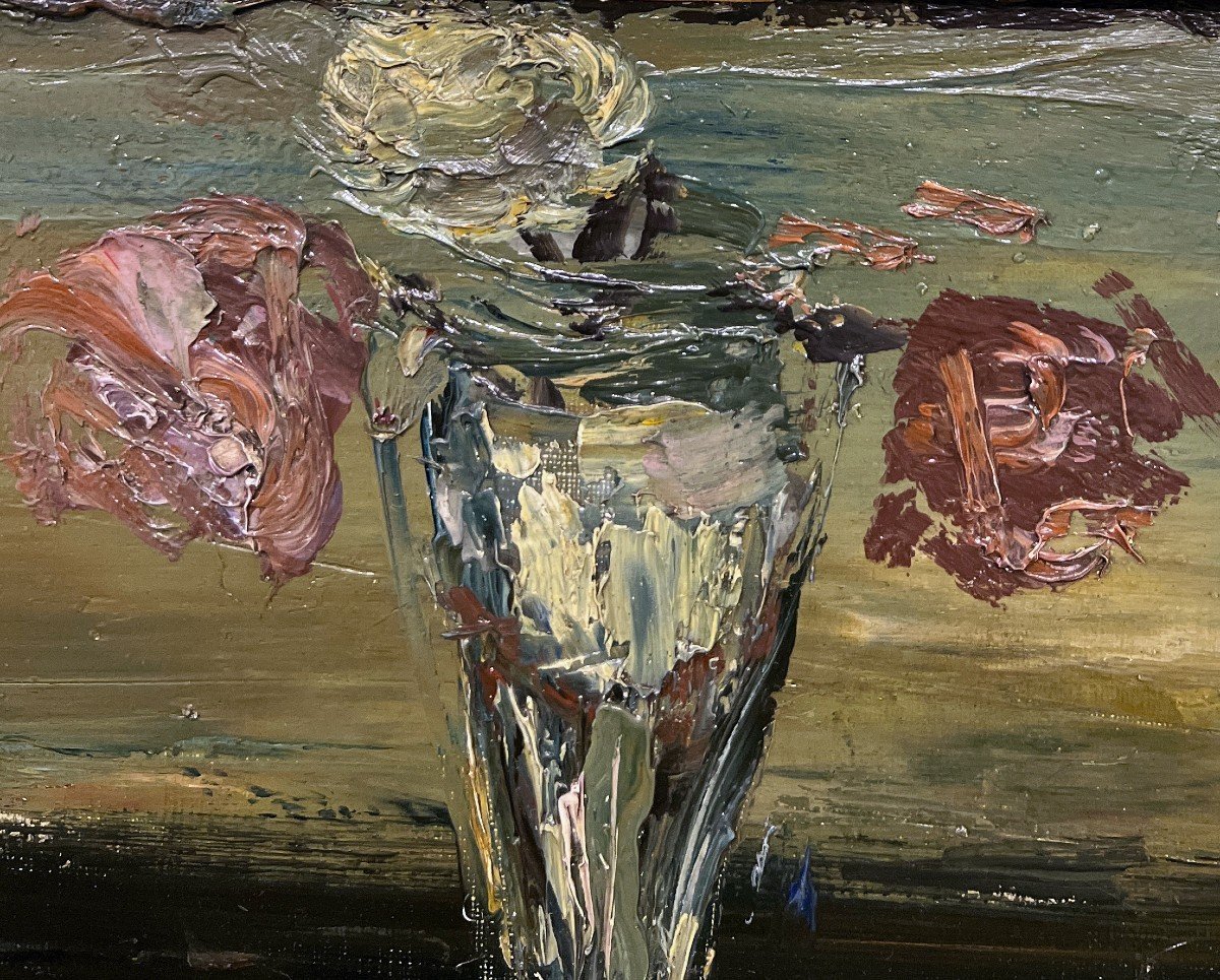 Gabriel Dauchot (Gargan-Livry, Parigi, 1927-2005) Natura morta, fragole, banana e vaso di fiori-photo-4