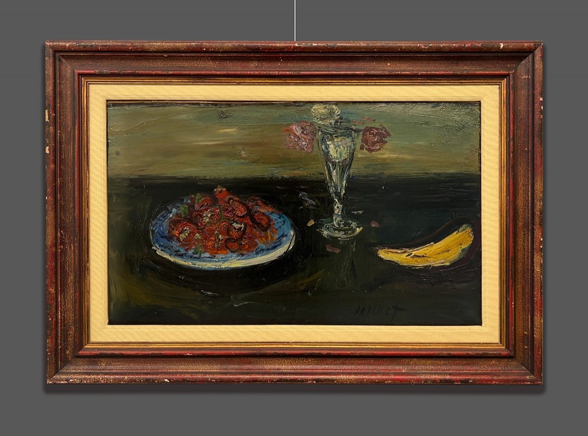 Gabriel Dauchot (Gargan-Livry, Parigi, 1927-2005) Natura morta, fragole, banana e vaso di fiori
