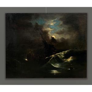 Scuola Francese XIX Secolo, Mare in tempesta al chiaro di luna