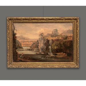 Scuola romana del XVIII secolo, Paesaggio con cascata, architetture e figure