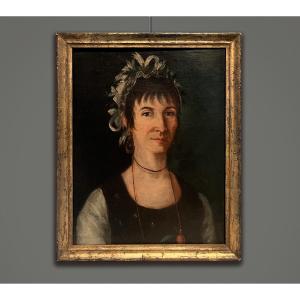 Scuola francese, fine XVIII, inizio XIX secolo, ritratto di Dama con nastri bianchi