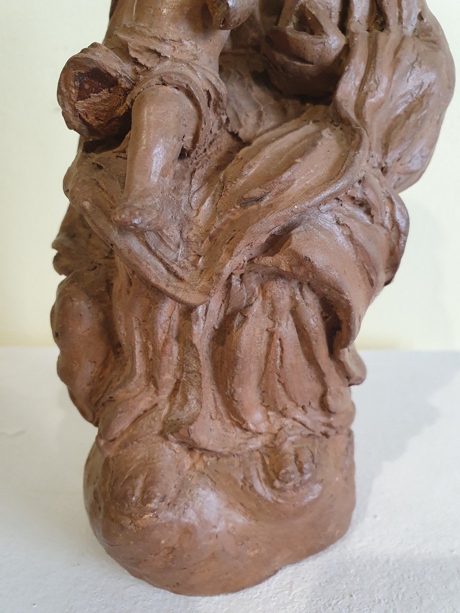 Sculpture Vierge à l'Enfant En Terre Cuite - XVIIe Siècle-photo-3