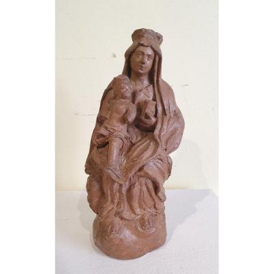 Sculpture Vierge à l'Enfant En Terre Cuite - XVIIe Siècle