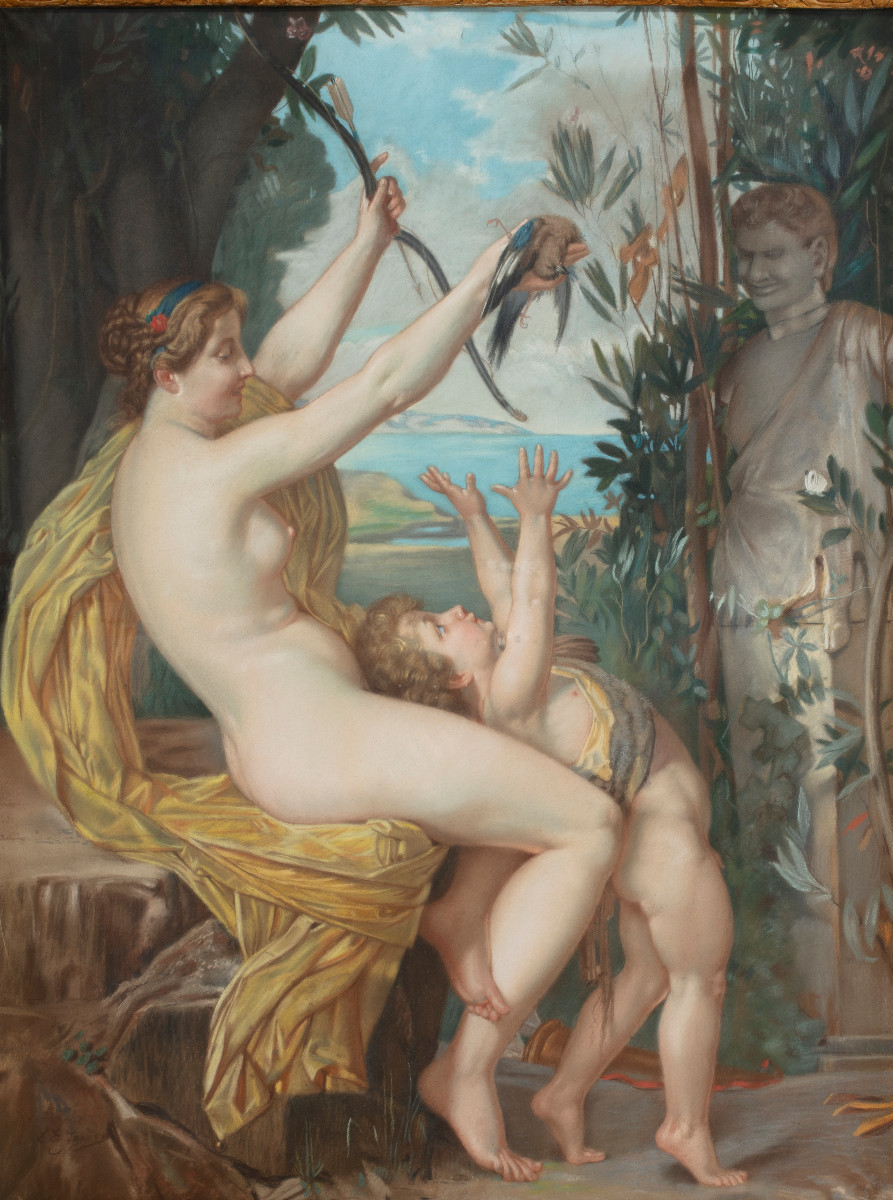 Bottega di Jules Joseph Lefebvre (Tournan-en-Brie 1836 – Paris 1912) "Bacco fanciullo e ninfa"-photo-2