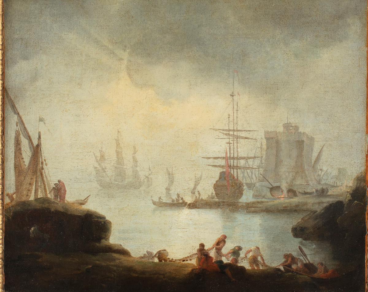 Pittore nordico del XVIII secolo, "Marina con imbarcazioni e pescatori"-photo-2