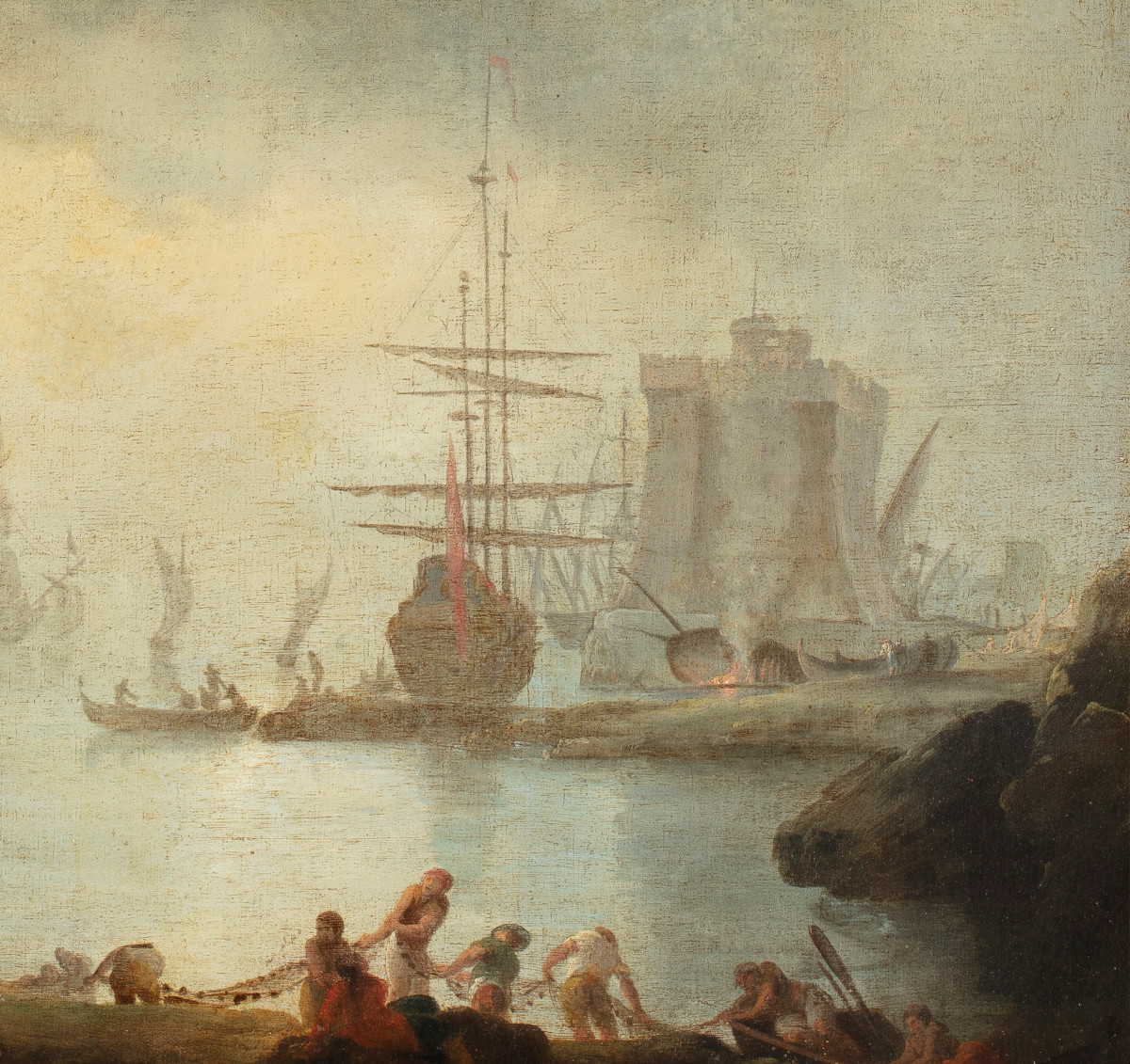 Pittore nordico del XVIII secolo, "Marina con imbarcazioni e pescatori"-photo-3