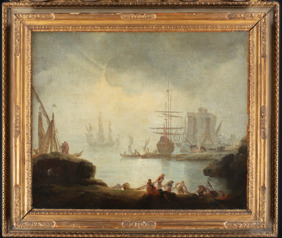 Pittore nordico del XVIII secolo, "Marina con imbarcazioni e pescatori"