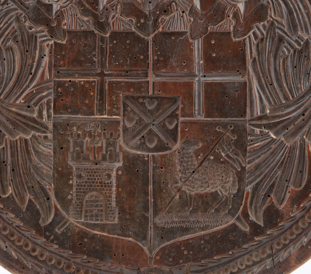 Grande sigillo in legno di manifattura tedesca intagliato recto - verso e datato 1687.-photo-1