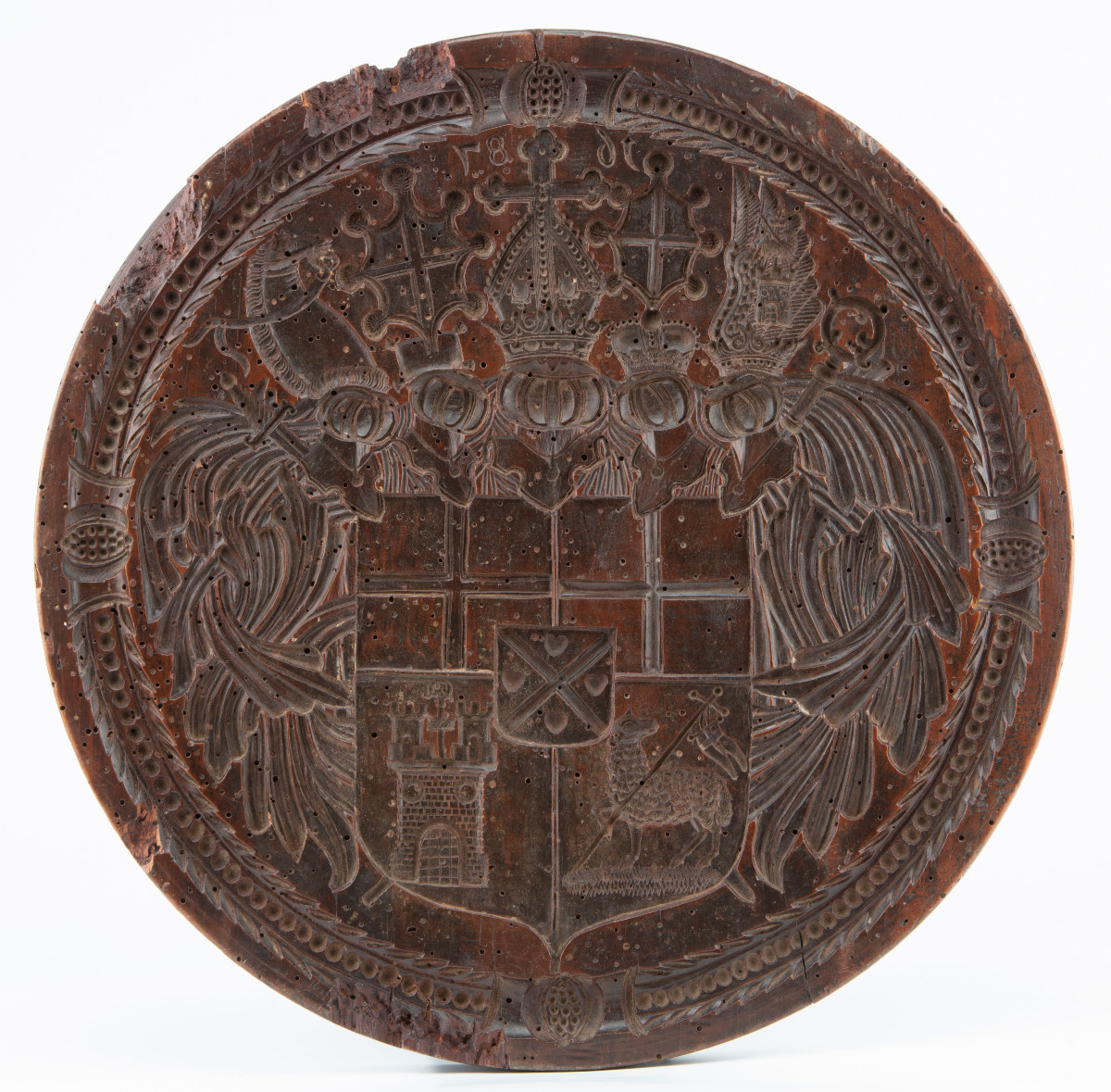 Grande sigillo in legno di manifattura tedesca intagliato recto - verso e datato 1687.