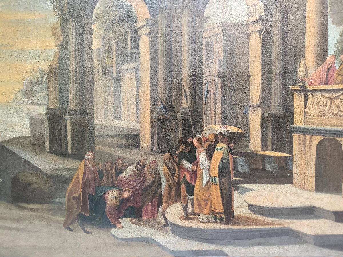 Scuola emiliana del secolo XVII "Paesaggio architettonico con Cristo e l'adultera"-photo-2
