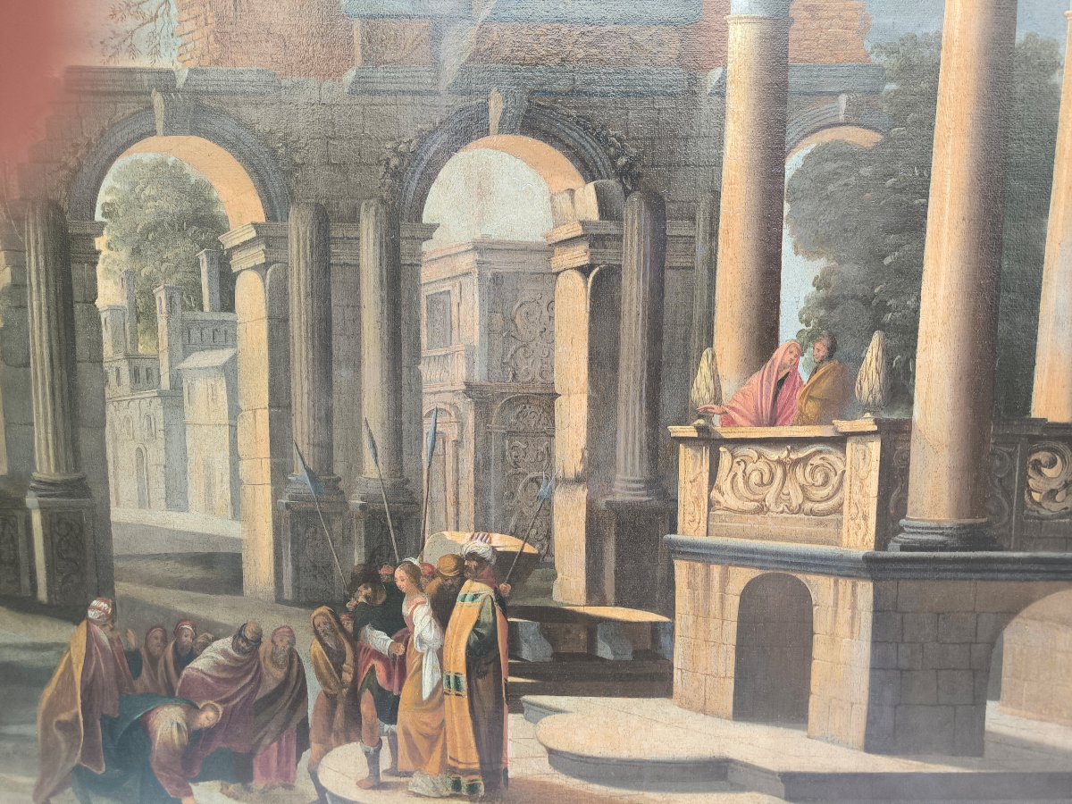 Scuola emiliana del secolo XVII "Paesaggio architettonico con Cristo e l'adultera"-photo-1