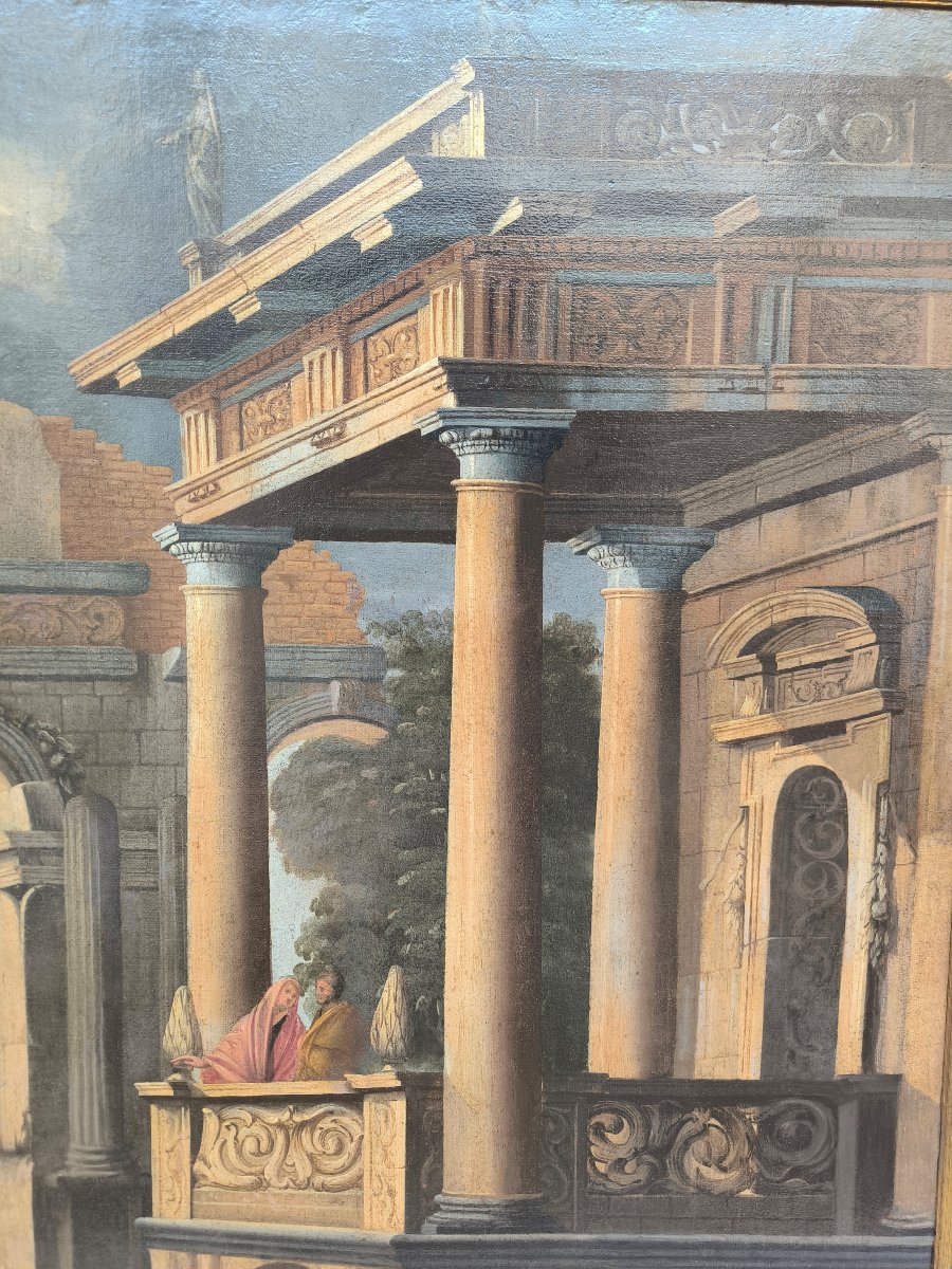 Scuola emiliana del secolo XVII "Paesaggio architettonico con Cristo e l'adultera"-photo-2