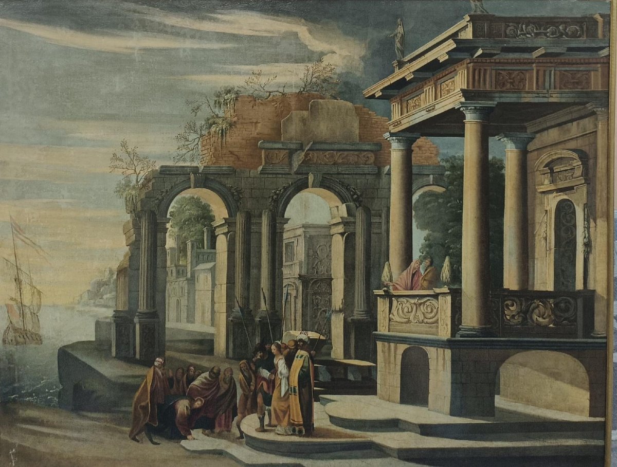 Scuola emiliana del secolo XVII "Paesaggio architettonico con Cristo e l'adultera"