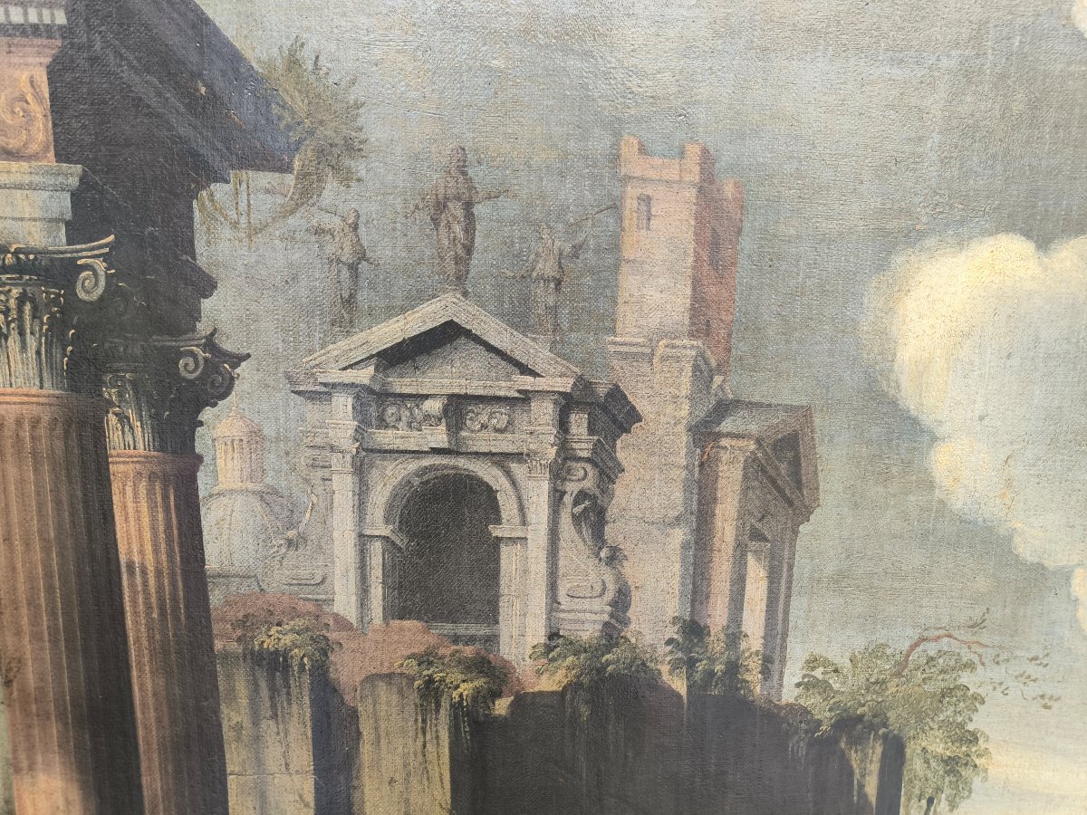 Scuola emiliana del secolo XVII "Paesaggio architettonico con fontana rovine"-photo-1