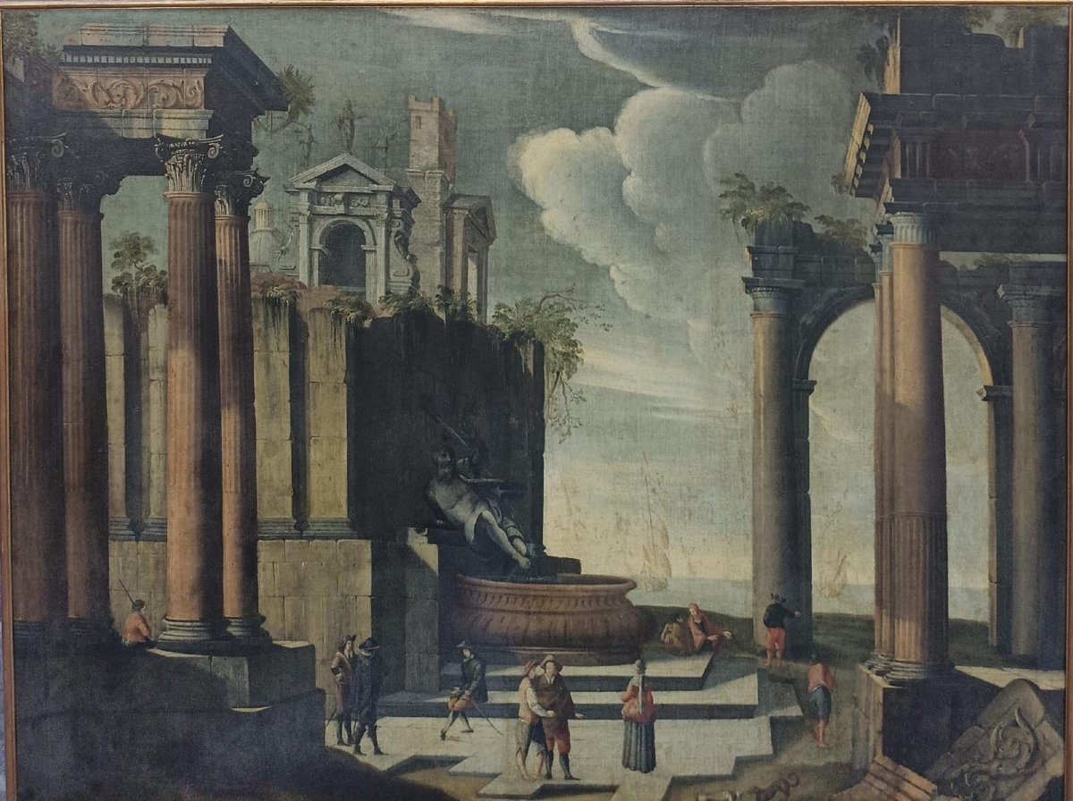 Scuola emiliana del secolo XVII "Paesaggio architettonico con fontana rovine"